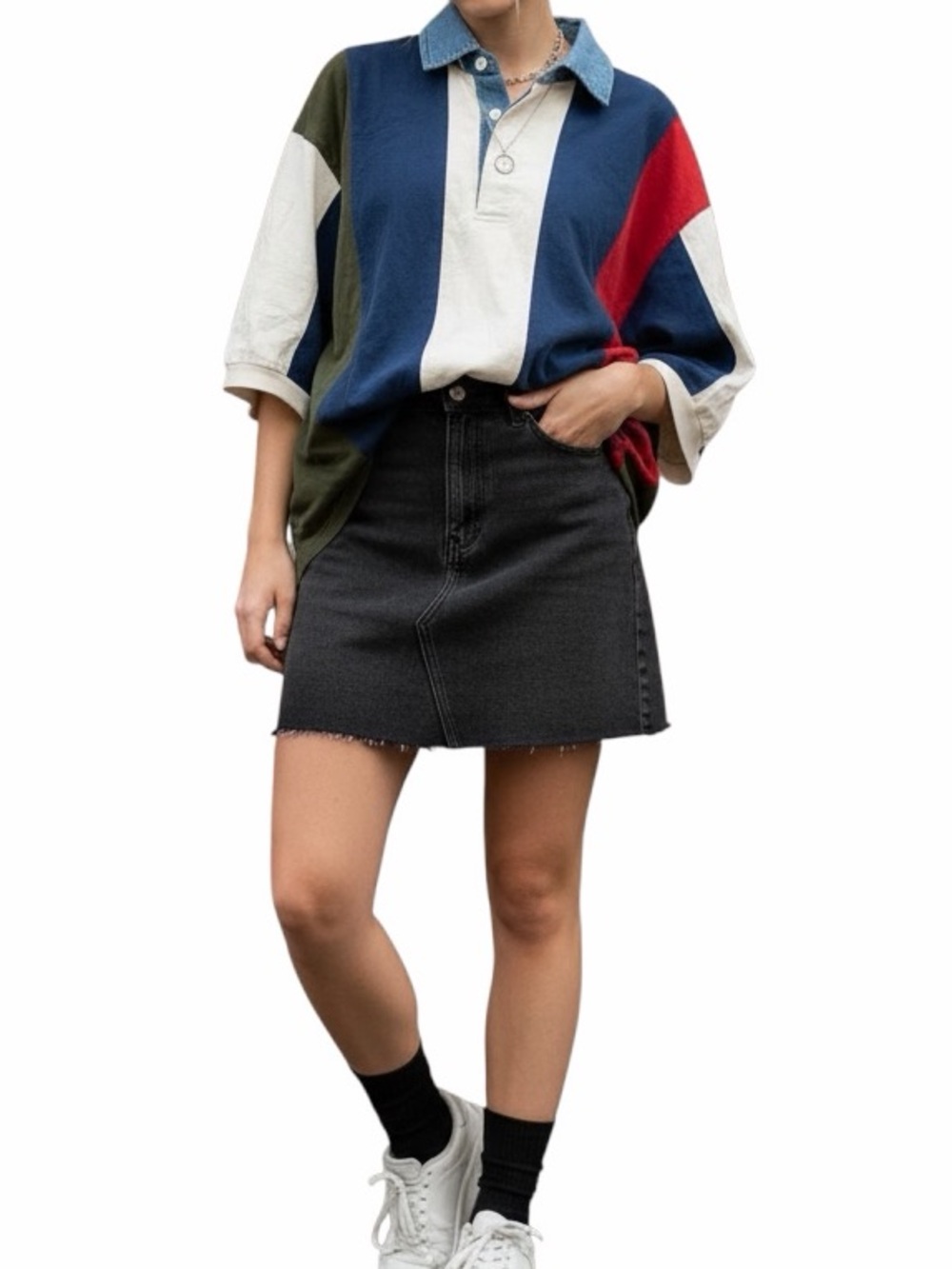 Vintage denim collar colorblock shirt